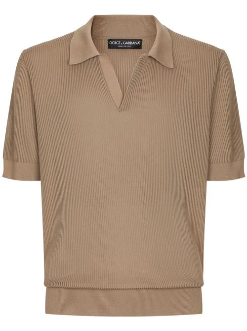 Ribbed-knit cotton polo shirt - Brown
