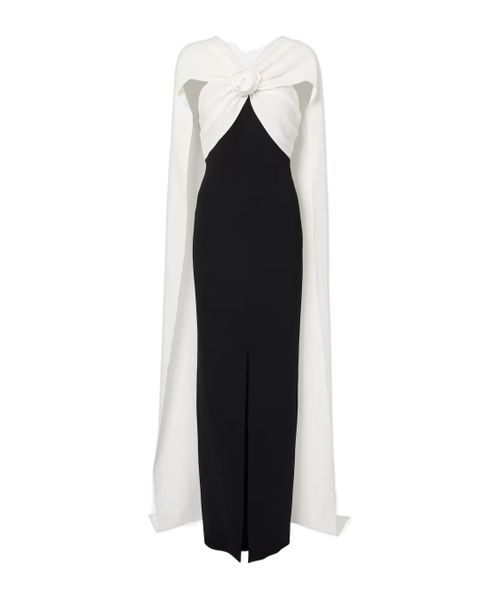 Caped floral-appliqué cady gown