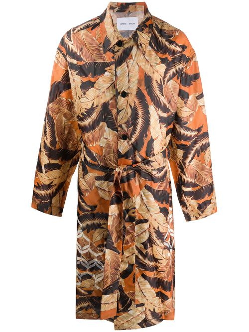 Leaf-print belted trench coat - Orange
