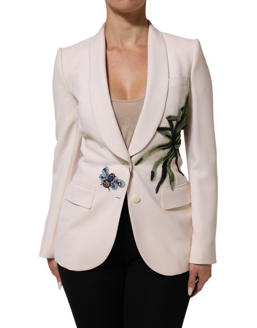 Embroidered Single-Breasted Blazer — Beige