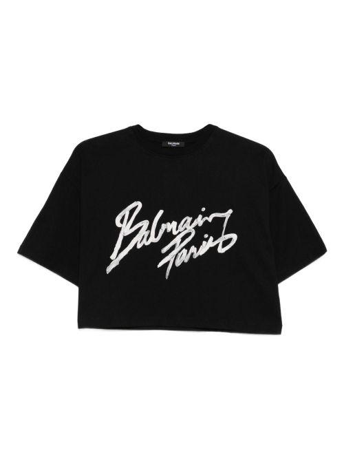 Cropped T-shirt with flocked Letter logo