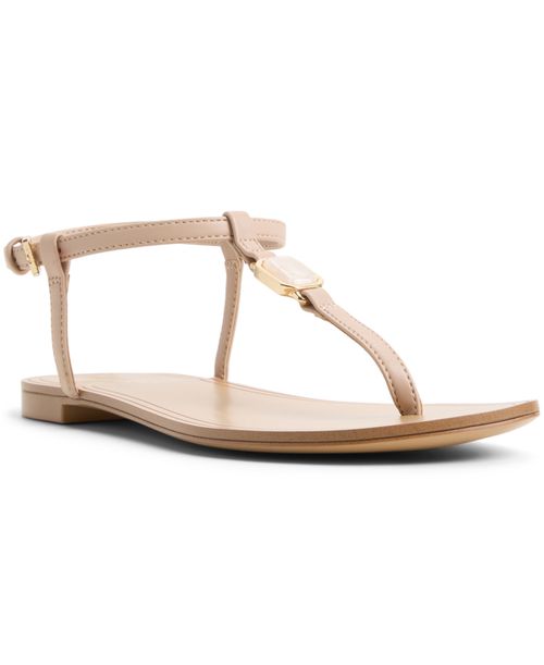 Women's Sandstone Round Toe T-Strap Flat Sandals - Beige Smooth
