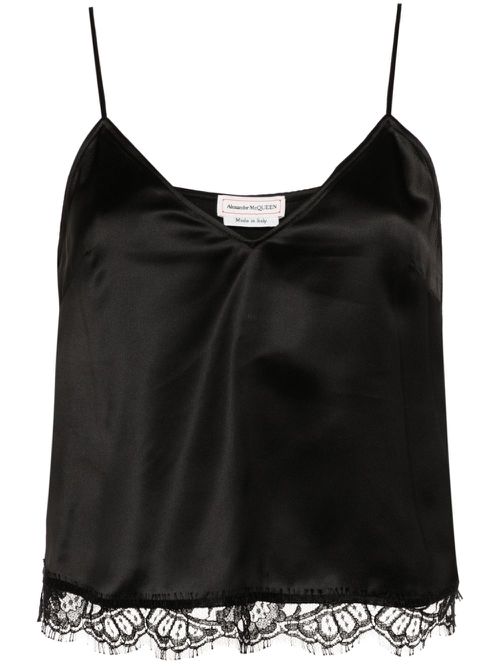 Lace-trim satin crop top - Black