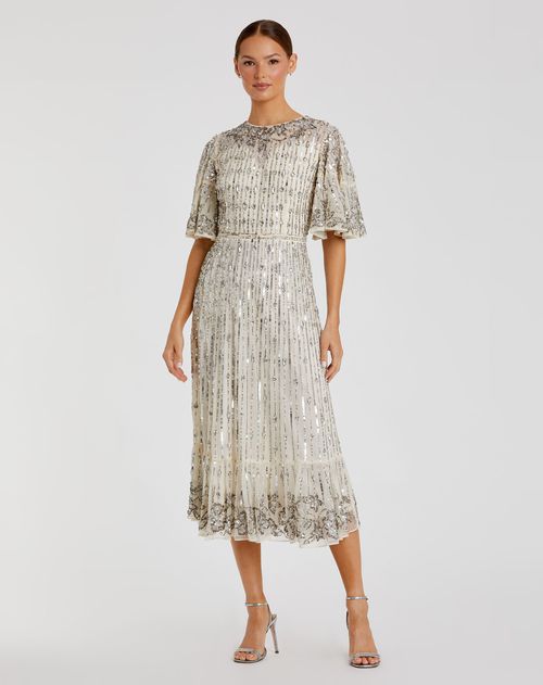 Flounce Sleeve Midi Dress In Sand Silver