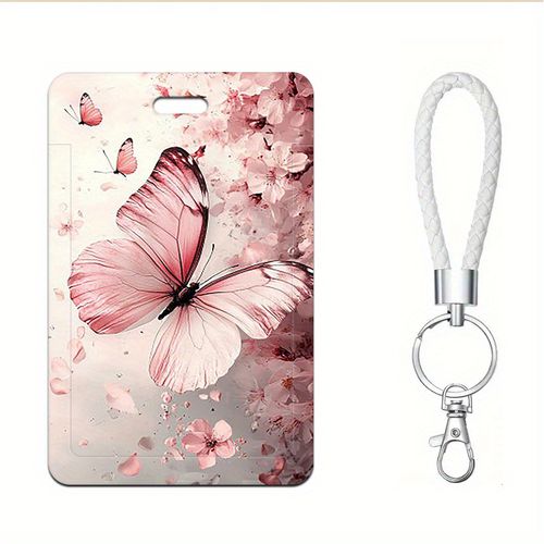 TEMU Delicate Pink Butterflies Id Card Holder And Lanyard - Durable Plastic Protector Case For Doctors, Nurses, Students, Staff Id, Bank Cards, And