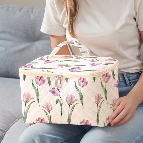 TEMU Pattern Printed Portable Travel Cosmetic Bag, Polyester Makeup Organizer With Brush And Accessory Storage, Large Capacity Toiletry Carry