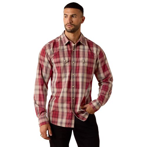 Men's Retro Hawthorne Fitted Western Snap Shirt Long Sleeve in Brick Red Plaid, Size Large, by