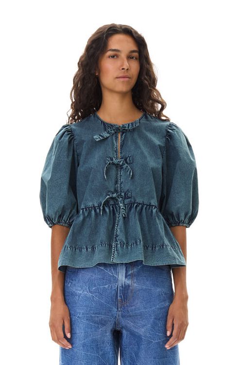 Blue Cotton Poplin Peplum Tie Blouse