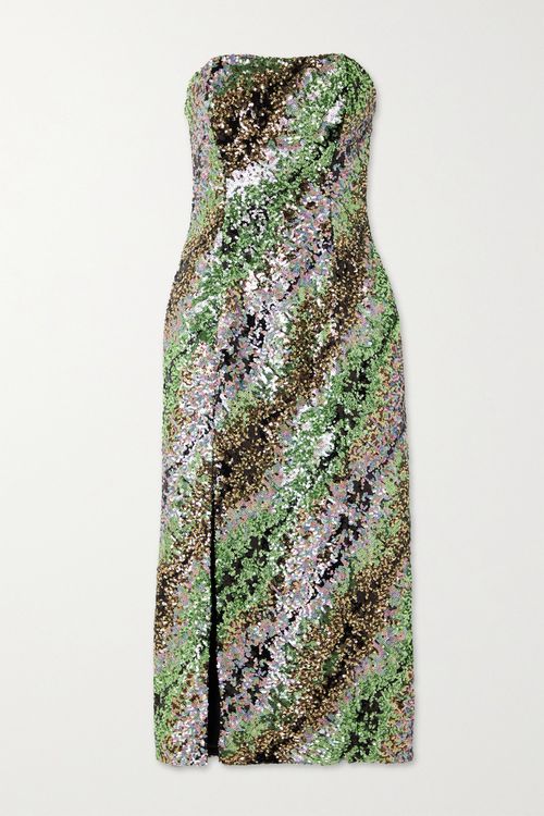 Strapless Striped Sequined Tulle Midi Dress - Green