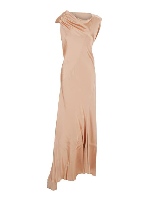 Pink Long Dress With Draped Details In Shiny Satin Woman