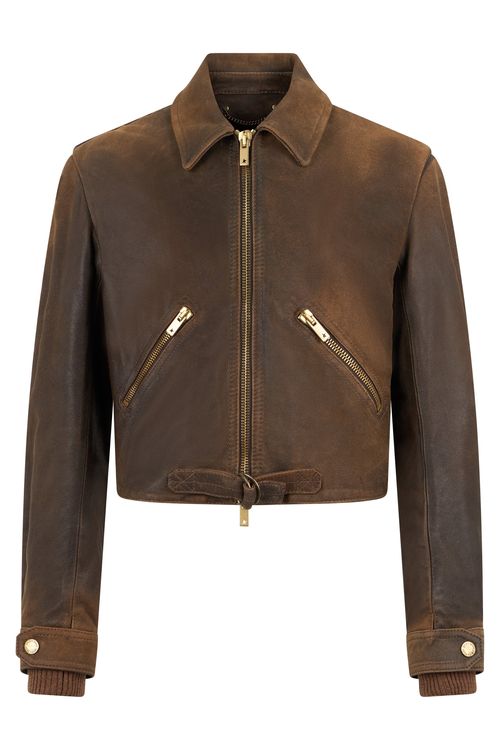 Women's Cropped Leather Biker Jacket with Zip