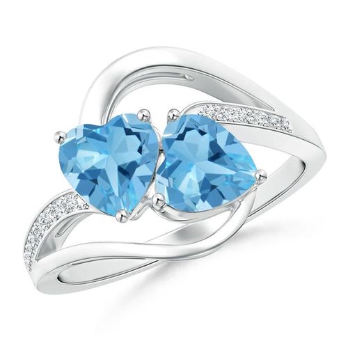Angara 1.84 Carats Two Stone Heart Swiss Blue Topaz Bypass Ring with Diamonds in Platinum