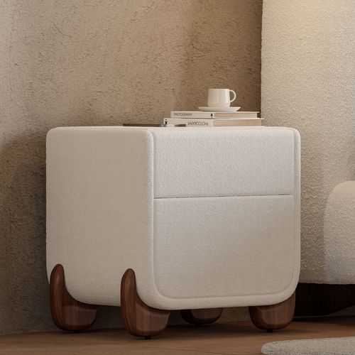 Curva Smart Boucle Nightstand with Wood Legs 2-Drawer Bedside Table in White