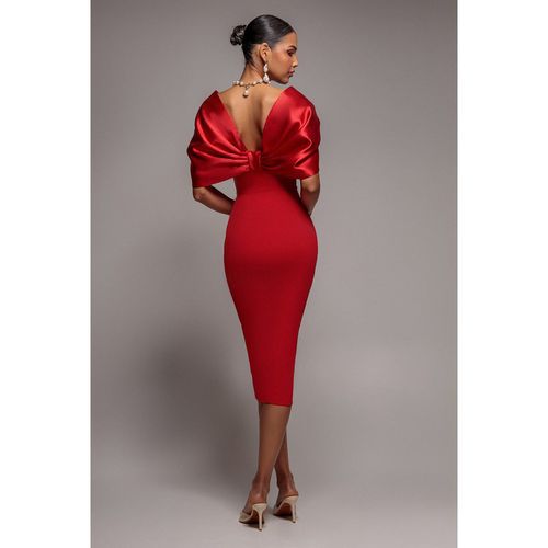 Goddiva Off Shoulder Back Satin Bow Wrap Crepe Midi Dress - Red