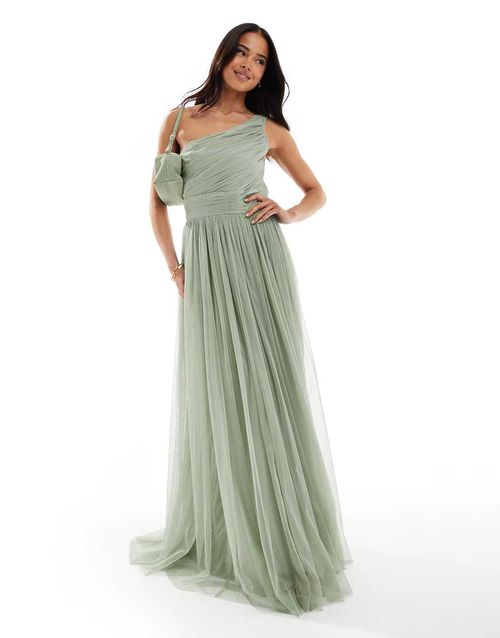 Lace & Beads Bridesmaid one shoulder maxi dress in dusty sage-Green