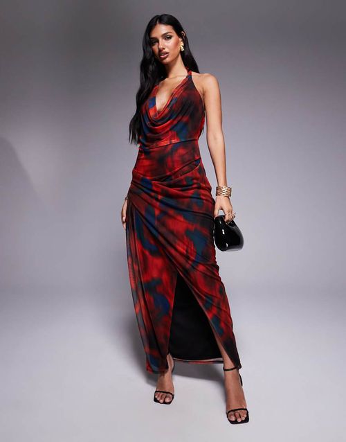 Mesh plunge halter midi dress with wrap skirt in abstract red and blue print-Multi