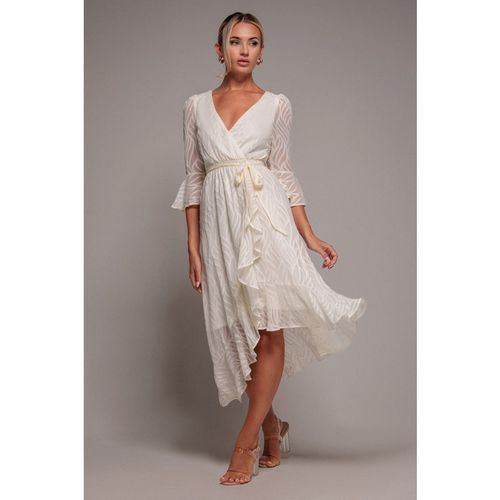 Goddiva Chiffon Geo-Wave Front Frill Wrap Midi Dress - Crea