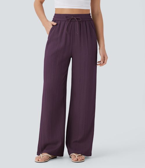 High Waisted Drawstring Pocket Wide Leg Baggy Casual Linen-Feel Pants  - Italian Plum