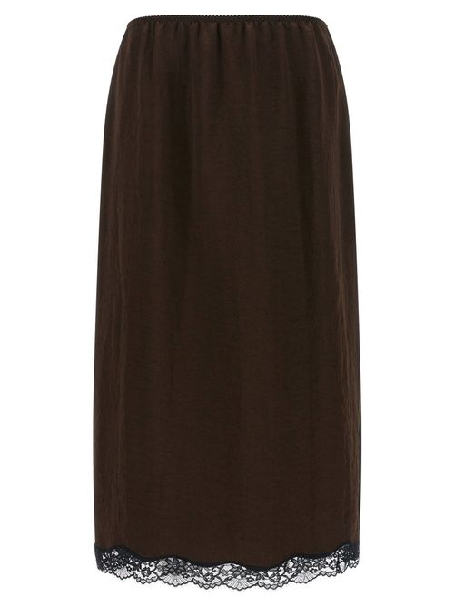 Froissé Satin with Lace Hem Skirt — Brown