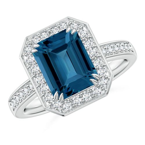 Angara 2.75 Carats Emerald-Cut London Blue Topaz Engagement Ring with Halo in Platinum