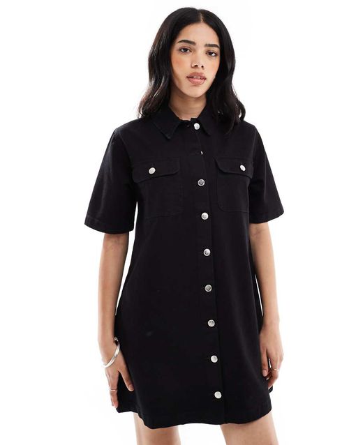 Oversized short sleeve denim shirt dress in black wash