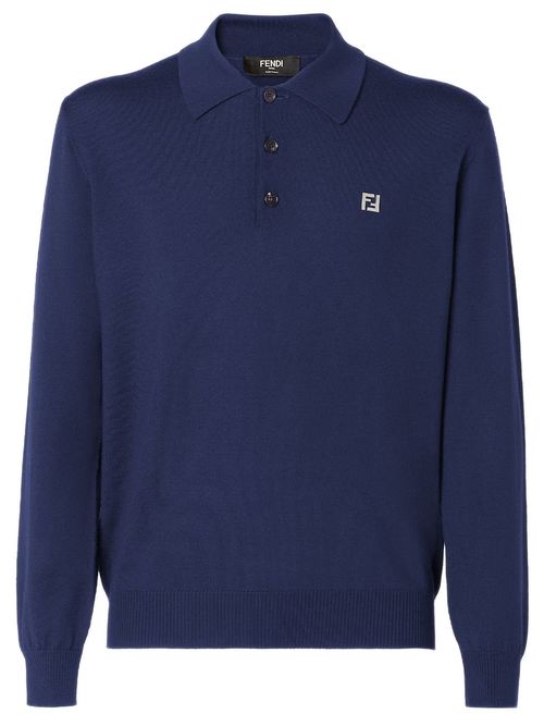 Men's Long-Sleeved Wool Polo Shirt with Micro FF Emblem