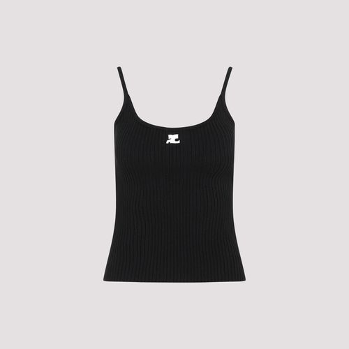Rib Knit Tank Top Black Viscose Polyester Tshirt - Women