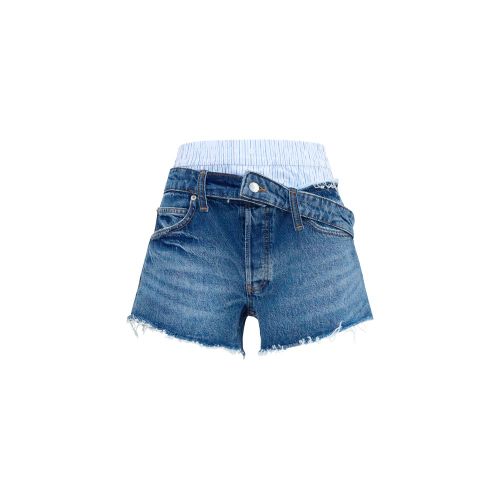 Layered Boxer Cotton Denim Bermuda Shorts — Blue