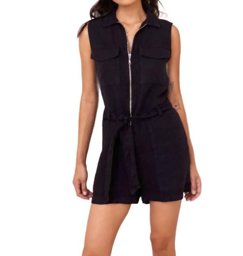 Zip Front Linen Romper In Black