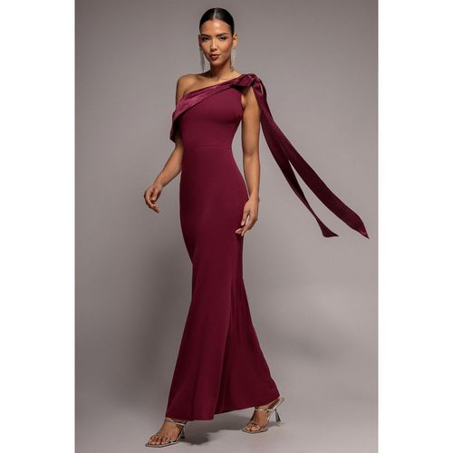 Goddiva One Shoulder Soft Satin Bow Cape Maxi Dress - Burgundy