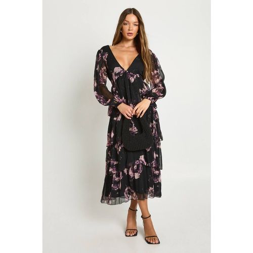 Boohoo Women's Floral Chiffon Plunge Ruffle Midaxi Dress in Black