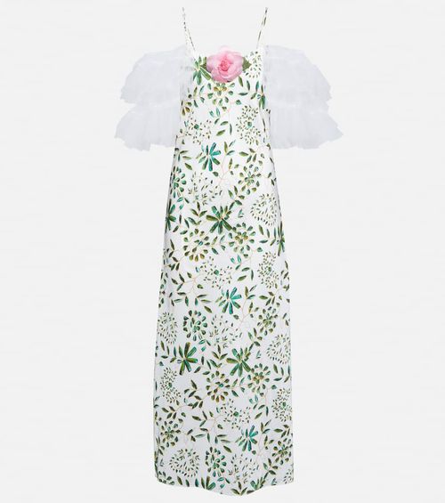 Floral-appliqué silk midi dress