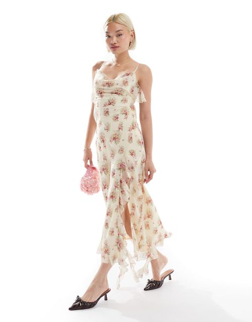 slim fit dress slacks Seren Vintage Floral Lace Back Midi Dress in Ivory M