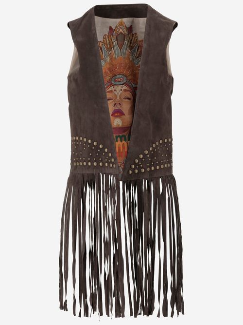 Studded Suede Fringe Vest — Brown