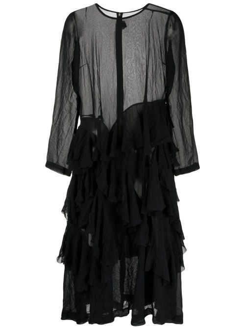 Semi-sheer tiered midi dress - Black