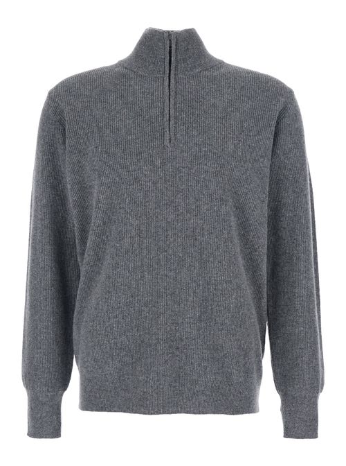 Grey Ribbed Knit Sweater With High Neck And Half Zip Closure In Wool Man