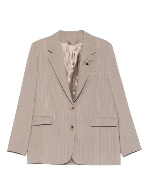 Pinstripe Oversized Wool Blend Blazer With Broche