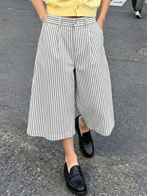 Men's Japanese Vintage Vertical Stripe High Waist Wide Leg Pant SKUL68470 - Gray / S