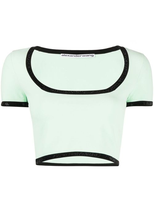 Contrasting-border cropped T-shirt - Green