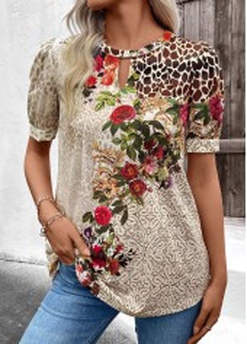 Modlily Beige Cut Out Floral Print Short Sleeve T Shirt