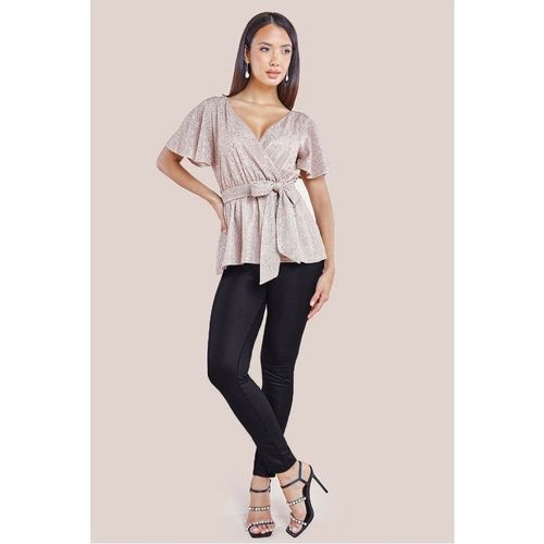 Goddiva Lurex Flutter Sleeve Wrap Top - Champagne