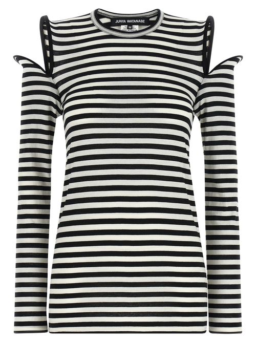 Sculptural Cold-Shoulder Striped T-shirt — Black