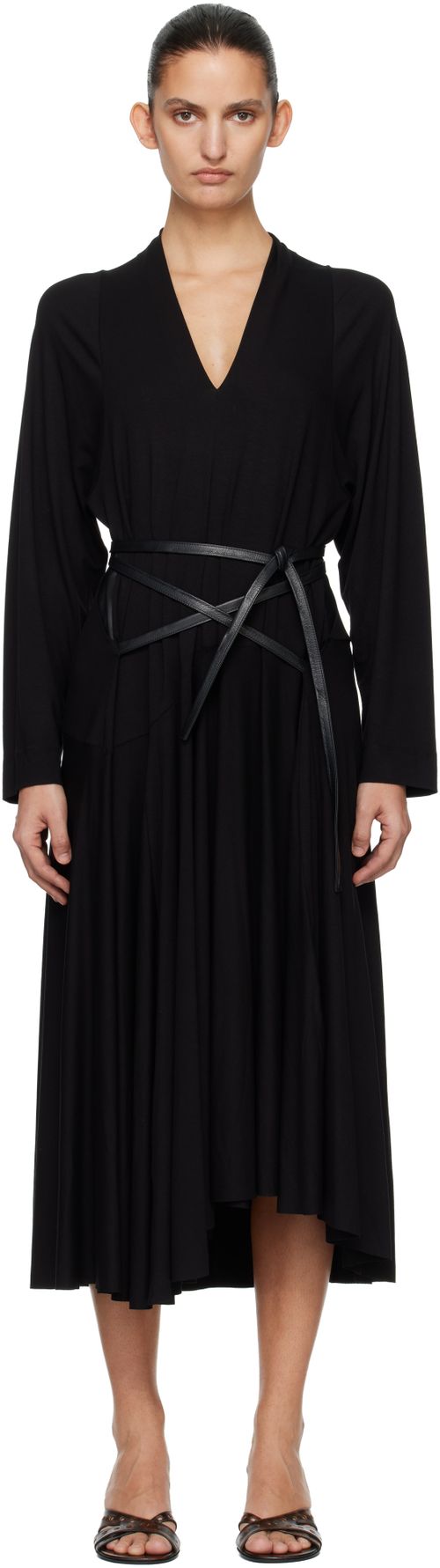 Black Jersey & Leather Wrap Midi Dress