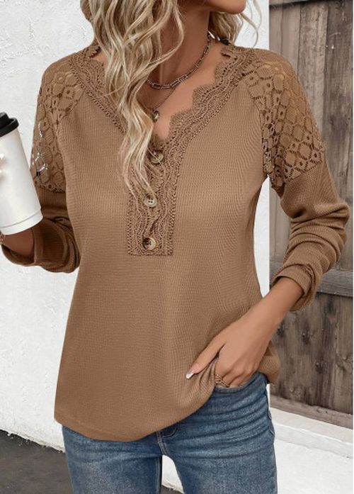 Modlily Dark Camel Embroidery Long Sleeve V Neck T Shirt