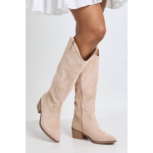 Boohoo Women's Faux Suede Knee High Western Cowboy Boots in Beige