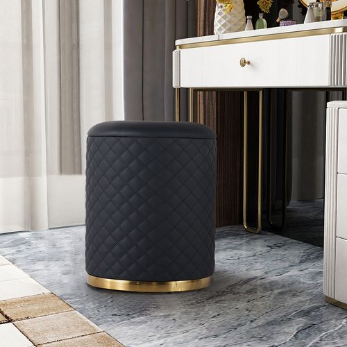 15.7" Small Round Vanity Stool PU Leather Upholstered Ottoman Stool in Black