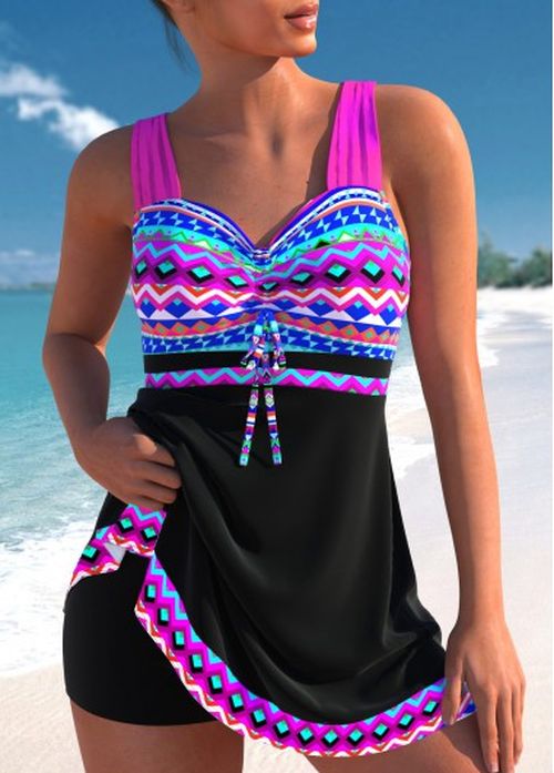 Modlily Bowknot African Tribal Print Neon Rose Red Tankini Set