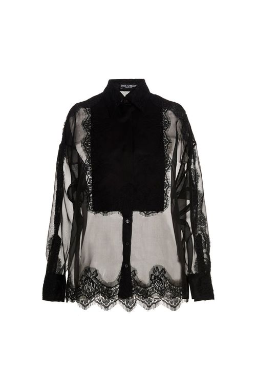 Lace-Insert Silk Blouse — Black