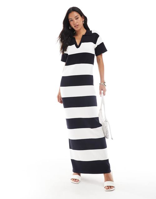 Knit rugby collar maxi dress in black and white stripe