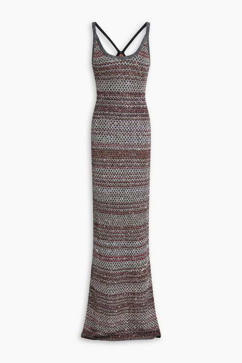 Sequin-embellished metallic crochet-knit maxi dress